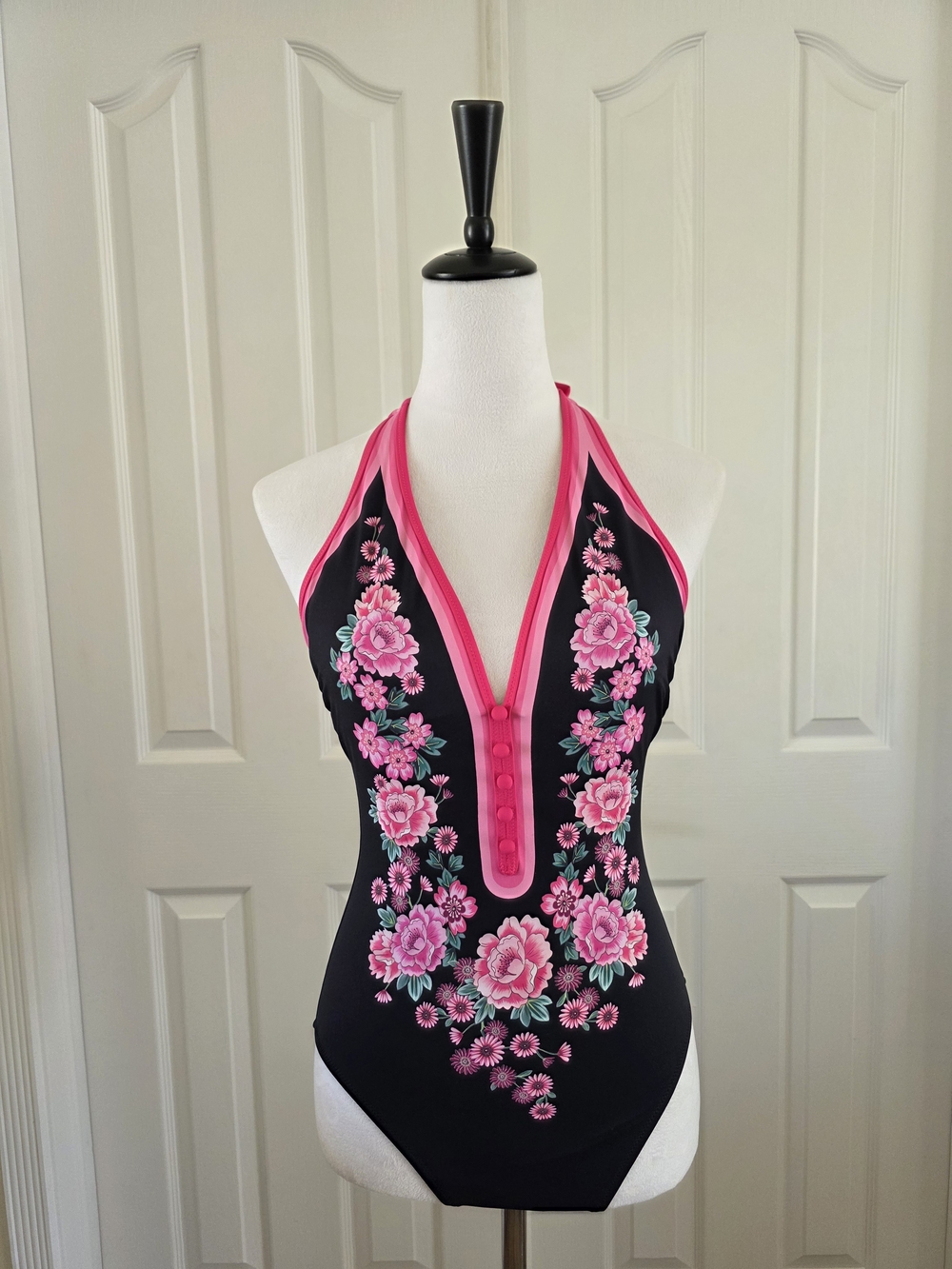 Johnny Was Blum Floral Halter One Piece Swimsuit Black Pink Floral Size M - Picture 9 of 14